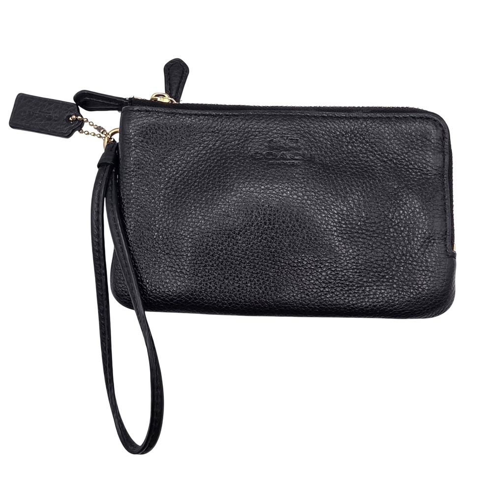 Coach Double Zip Wristlet Womens‎ Small Black Leather Designer Luxury Pouch Gold